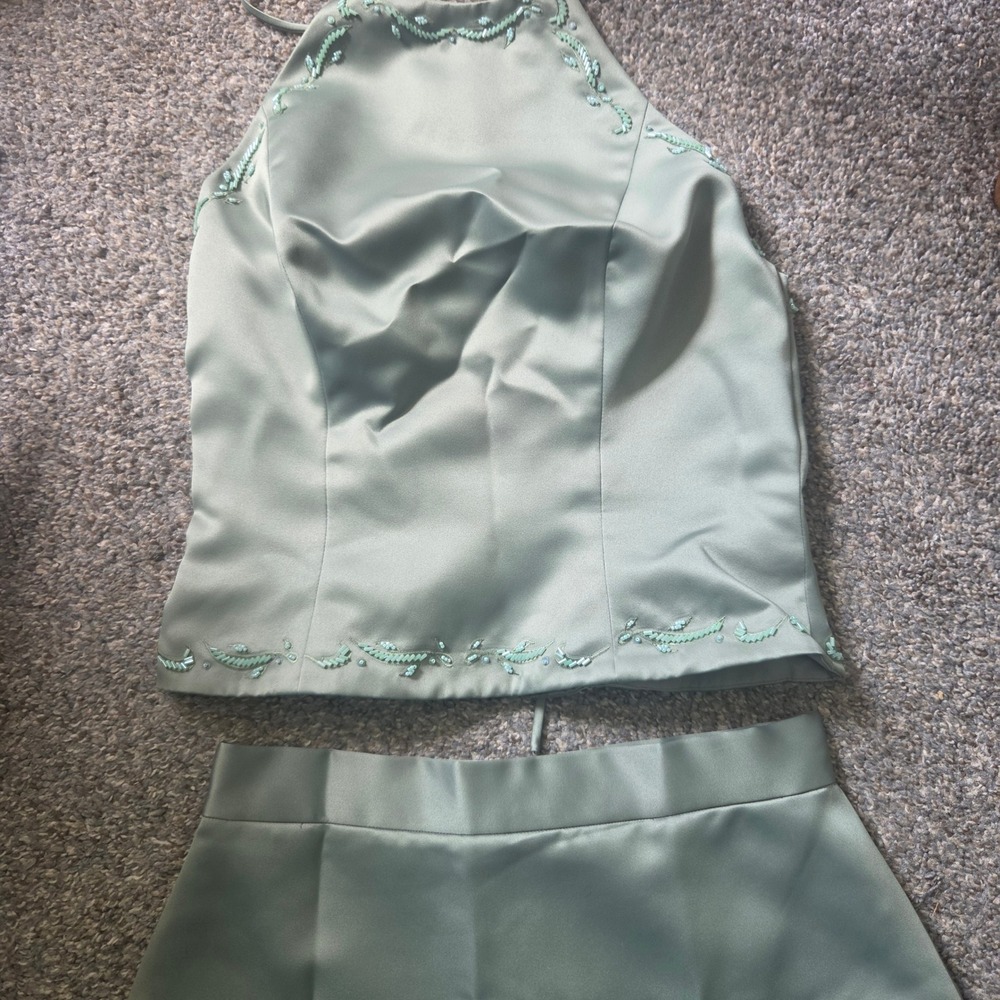 Sage Green Satin 2 Piece Set Beaded Halter Top Maxi Skirt Formal Event Outfit